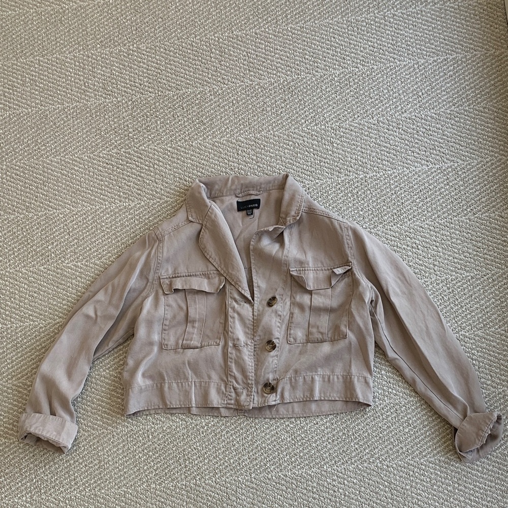 Lucy Paris Cropped Utility Jacket Taupe Button Front Lightweight Size XS